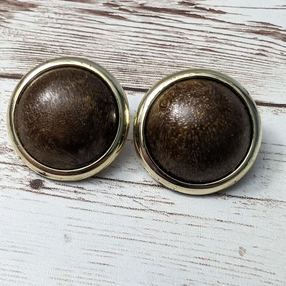 Vintage Clip On Earrings - Domed Patterned Brown with Gold Tone Halo